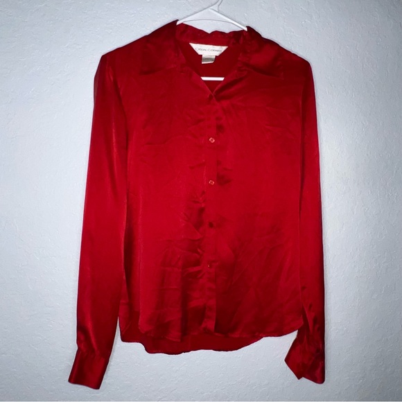 Casual Corners Red 100% Silk Button Down Shirt Size 8 - Picture 2 of 11